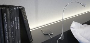 Una sofisticada novedad en el surtido de iluminación de Häfele: la lámpara flexible Loox LED 2034 tiene dos puertos USB integrados que permiten cargar simultáneamente el smartphone y la tableta.