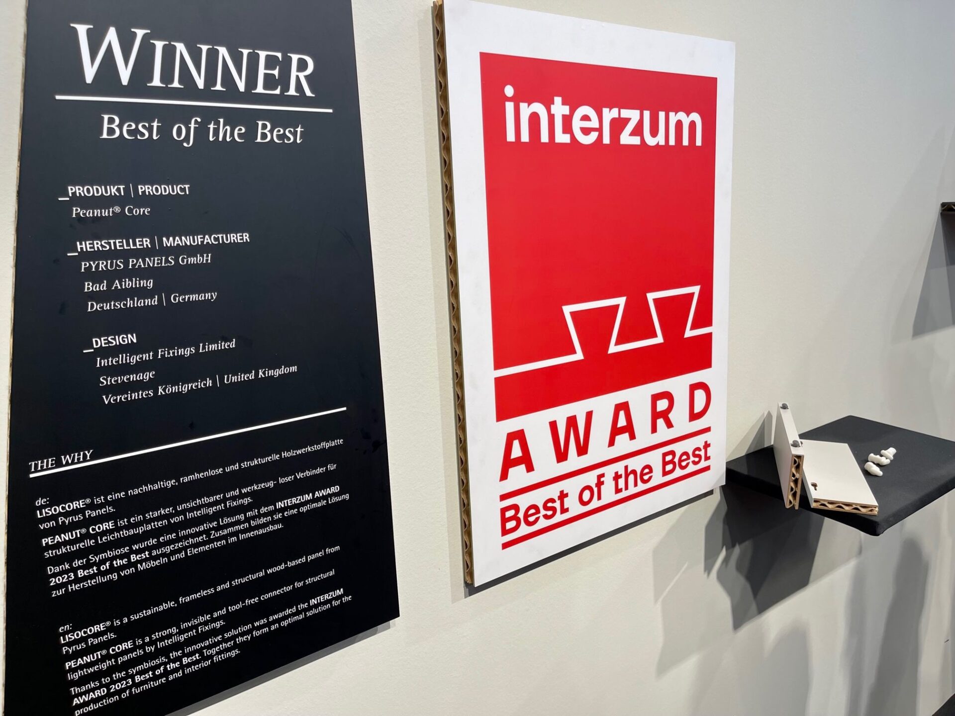 PYRUS PANELS ganó el interzum Award 2023 Best of the Best con el conector PEANUT® core