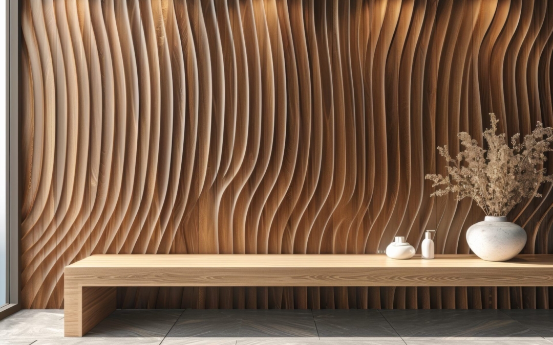 modern luxury hotel lobby wall with wavy wood relief panels and wall art. In front is a wooden table and vases